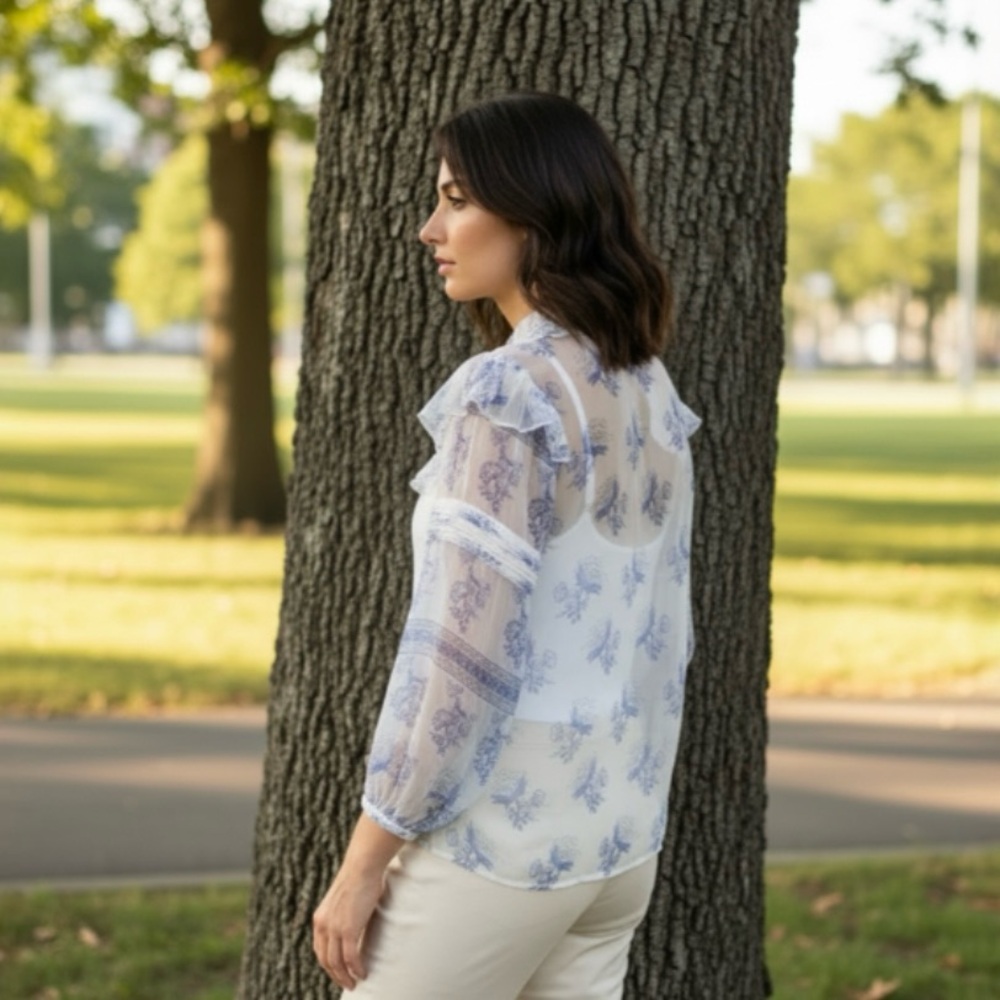 HEMANT AND NANDITA Blue/White Boho Top With Camisole Size Large $275 - Picture 4 of 16